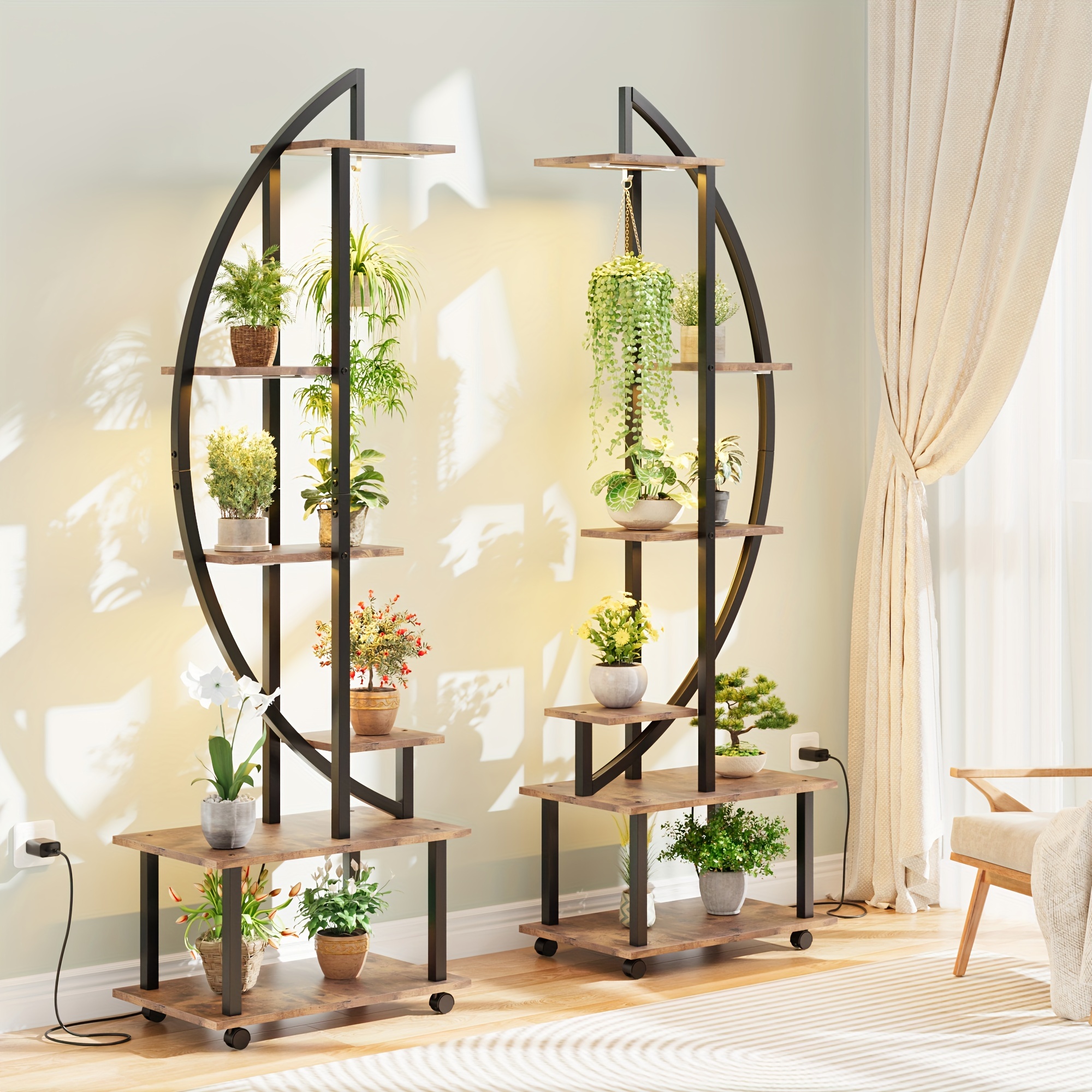 

6 Tier Indoor Tall Plant Stand Metal Plant Stand With Detachable Wheels And Light Half Moon Shape Plant Stands With Drawers Large Plant Display Stand For Home Patio Lawn Garden Balcony, 2 Pack