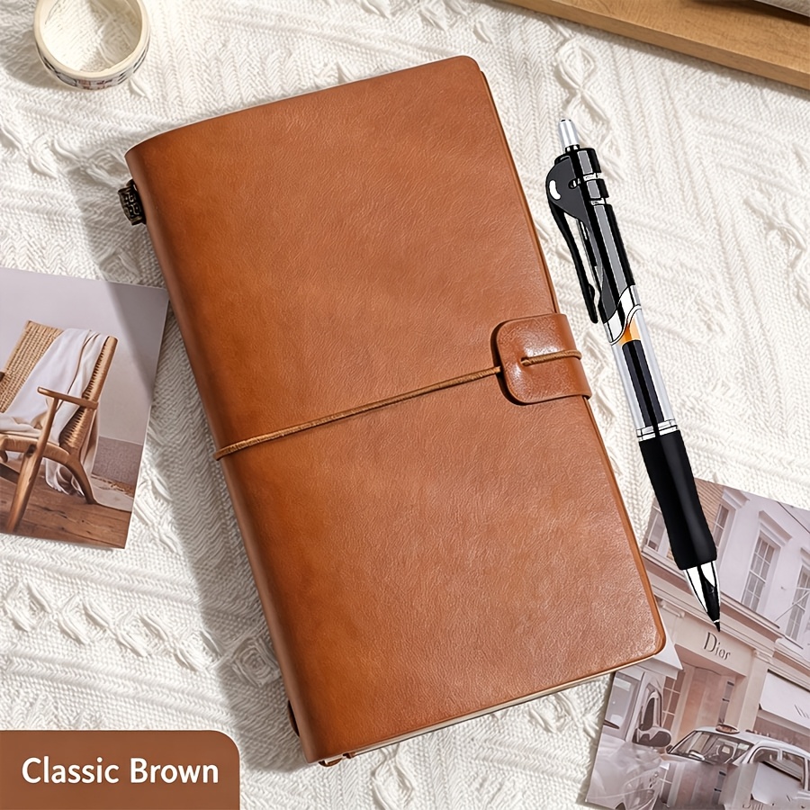 TEMU Retro A6 Faux Leather Travel Journal, Includes (ruled Pages X 34 Sheets, 34 Sheets, Zipper Pouch 1pc And Card Slots X 2, Document Pouch X 1),