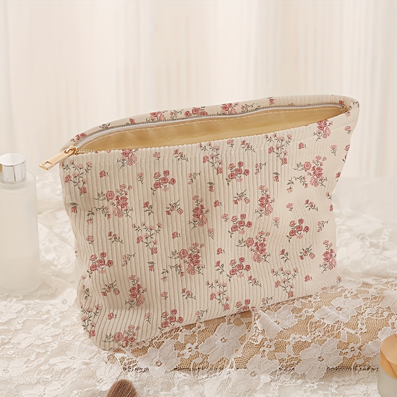 E-shop Handbemalte Blumenmuster Cord-Reißverschlusstasche, Leichte Make-up-Tasche, Multifunktionale Toilettentasche mit Futter