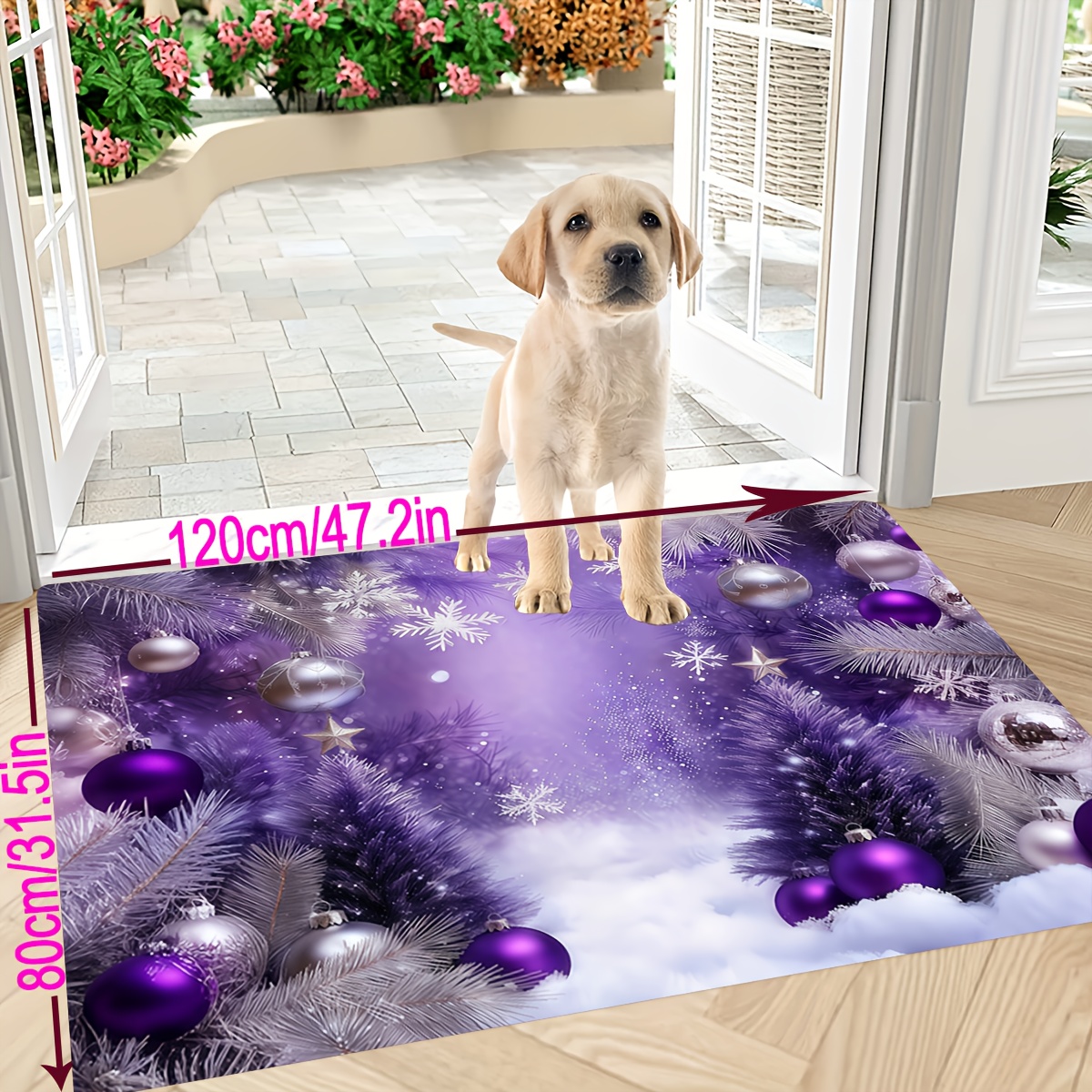 TEMU 1pc Purple Themed Christmas Element Pattern Printing Floor Mat For Home Entrance, Christmas Decorations For Home, Soft Bedroom Bedside Rug, Wash