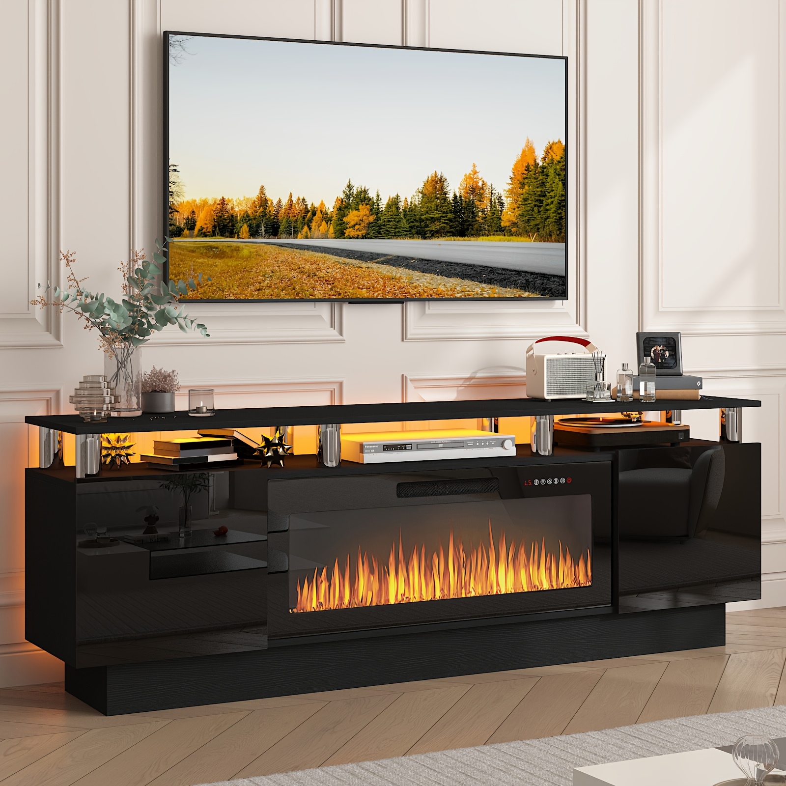 TEMU Tv Stand With 36" Electric Fireplace, 70" Led Light Entertainment Center With Storage, 2 Tier Modern Wood Media With Highlight Cabinet For Living Room