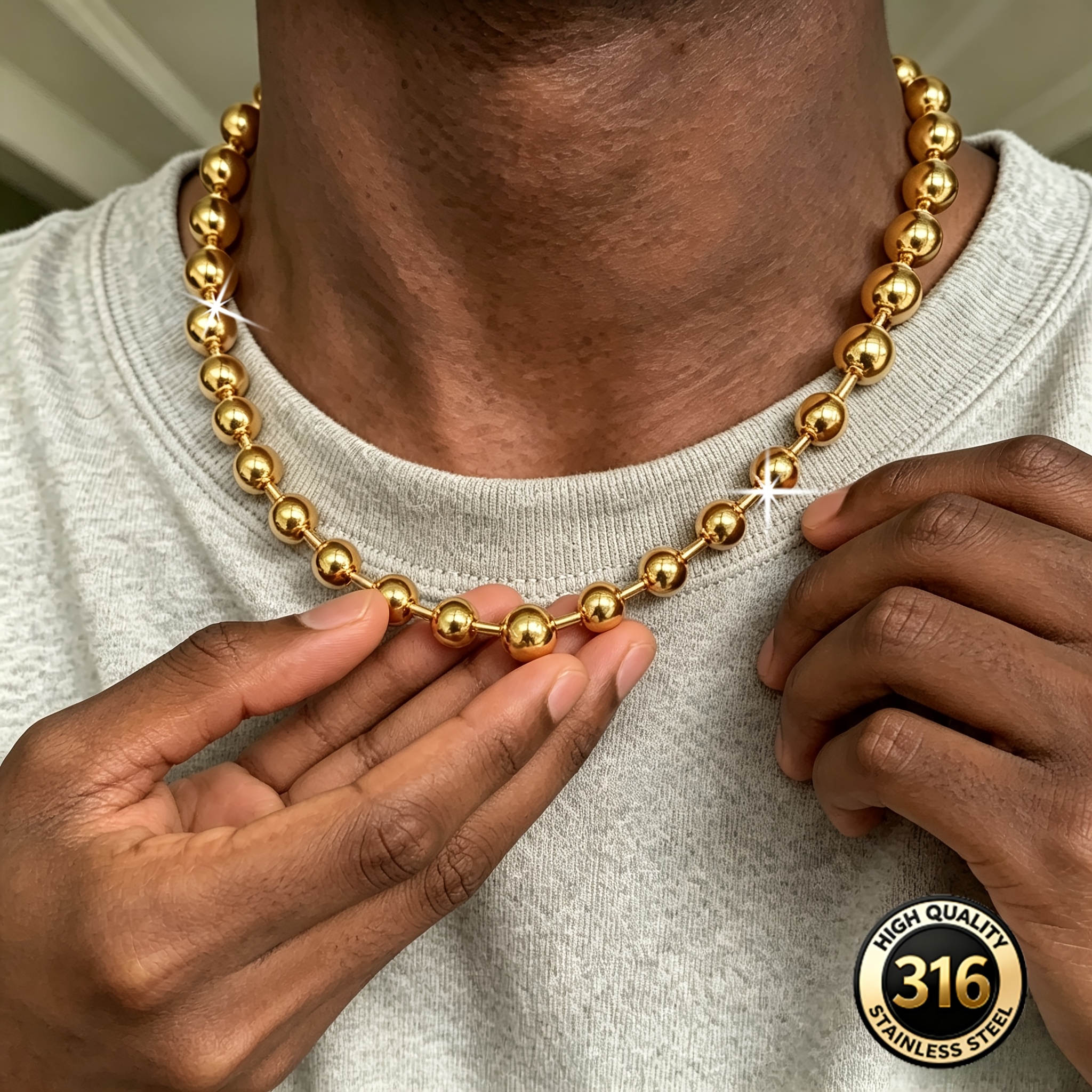 Women's Stainless Steel Beads Chain Necklace, Golden Color