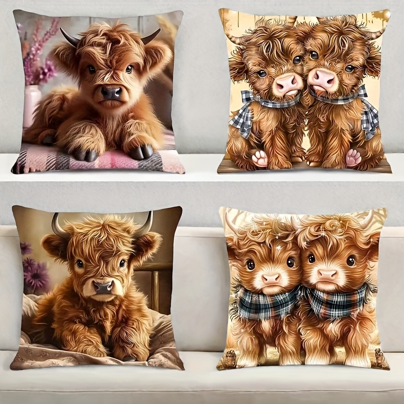 TEMU 4pcs Cute Highland Cow Print Plush Pillow Covers - Soft, Comfortable, Machine Washable - Decorating Living Rooms, Sofas, Bedrooms, Cottages, And