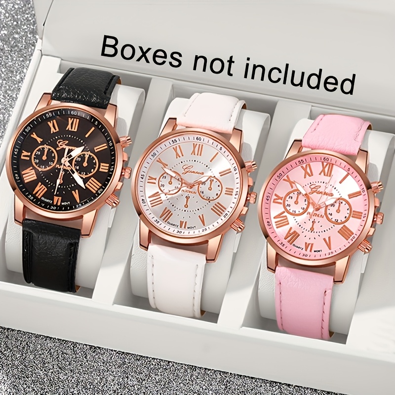 TEMU Set Of 3 Elegant And Minimalist Round Quartz Watches Featuring A Roman Numeral Face, With A Faux Leather Band, Perfect For Casual Wear For Women