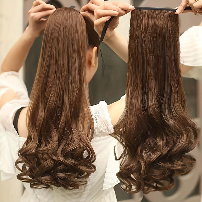 

Luxurious Brown Long Curly Ponytail Wig With Ribbon Tie - High-temperature Synthetic Hair, & Stylish For All Women, Hair Wig