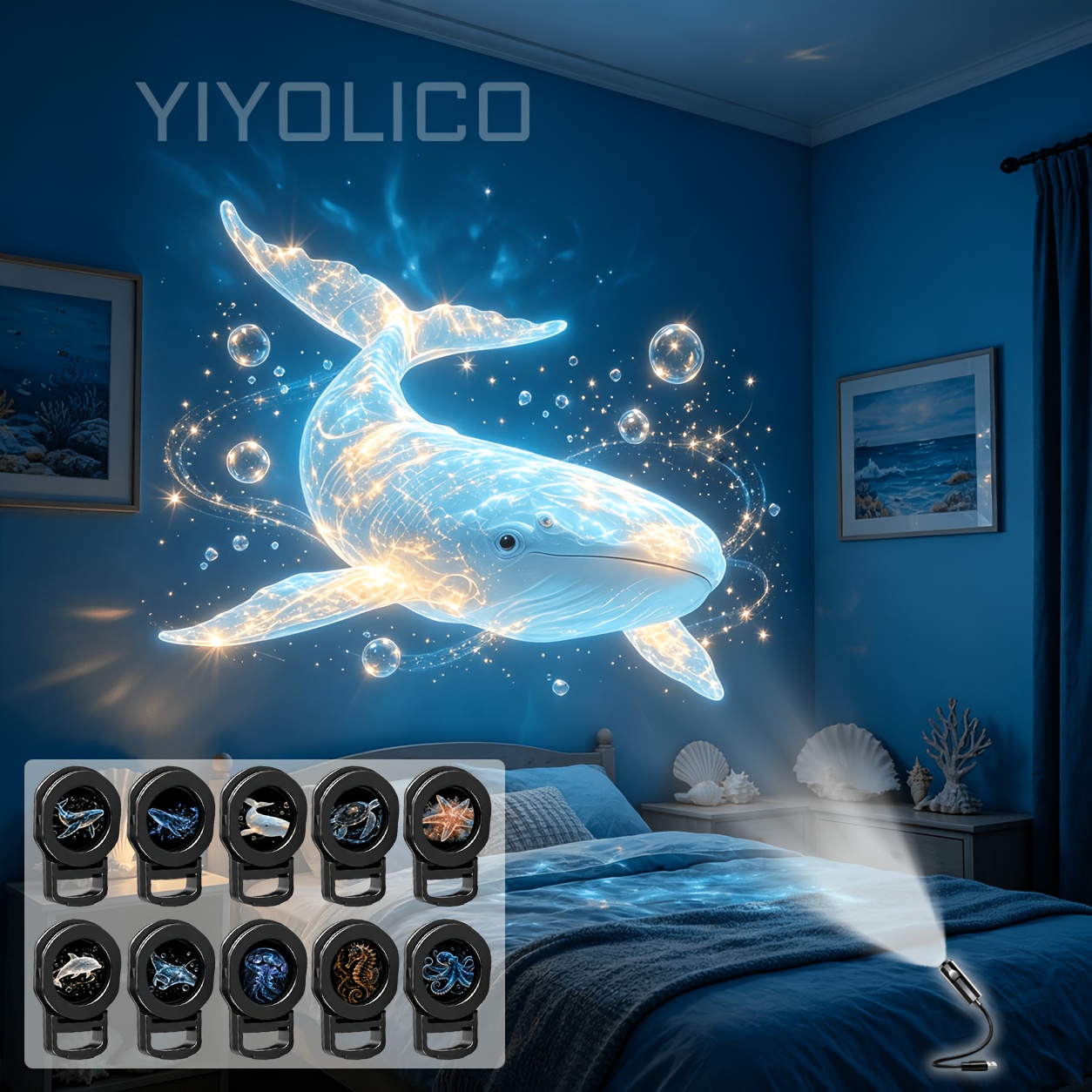 TEMU Yiyolico Projection Lamp With Dimmer & Usb-powered Led Night Light Suitable For Bedroom, Room, - Whale, Sea Turtle, Starfish Projector Lamp,