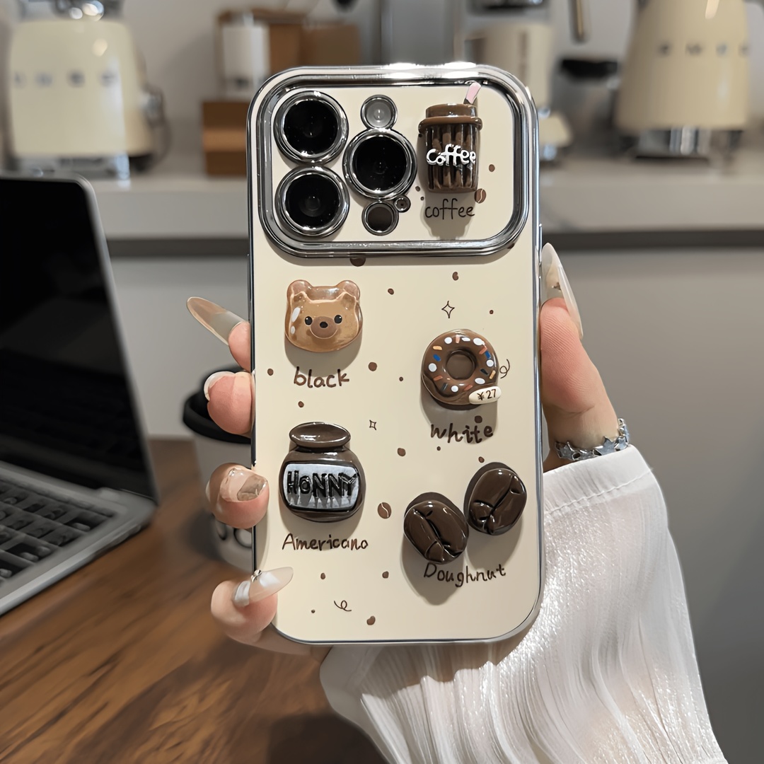TEMU Coque de téléphone : Coque à grande fenêtre avec ours de dessin animé et café, compatible avec iPhone 17/16/11/13/ Plus/15 Pro/15 Pro Max/12/14