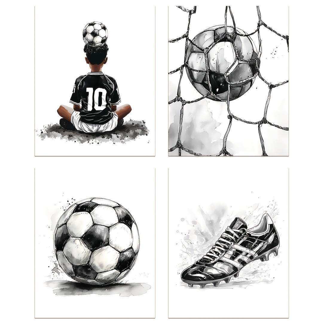 TEMU Peinture murale de football cadre 4 pièces, affiche de football en aquarelle noire pour décoration murale, peinture sur le thème du sport pour