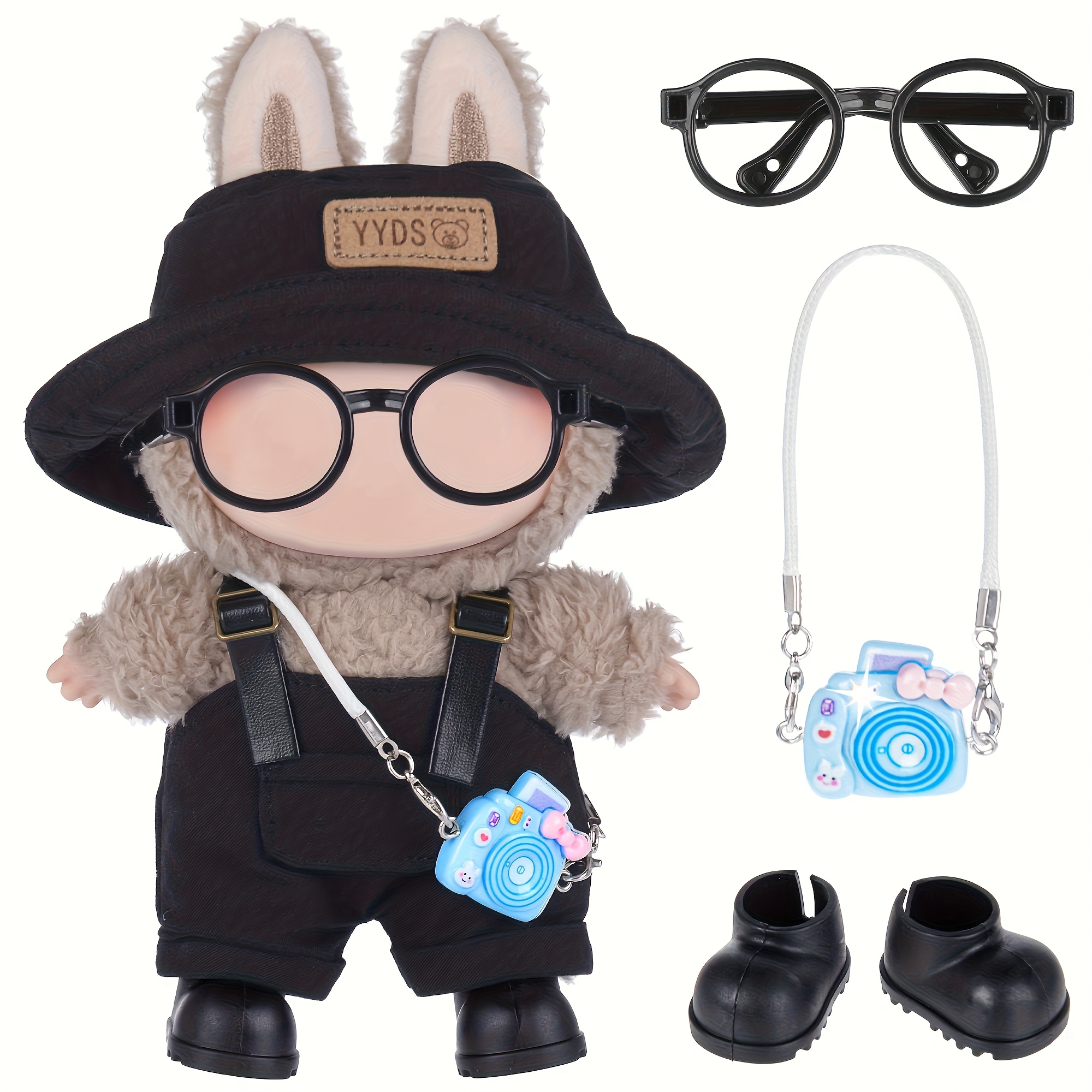 TEMU 5 Ensembles de vêtements pour poupées de mode for labubu avec chapeau, overols, chaussures, lunettes et sac - Tenue mignonne à avec des oreilles