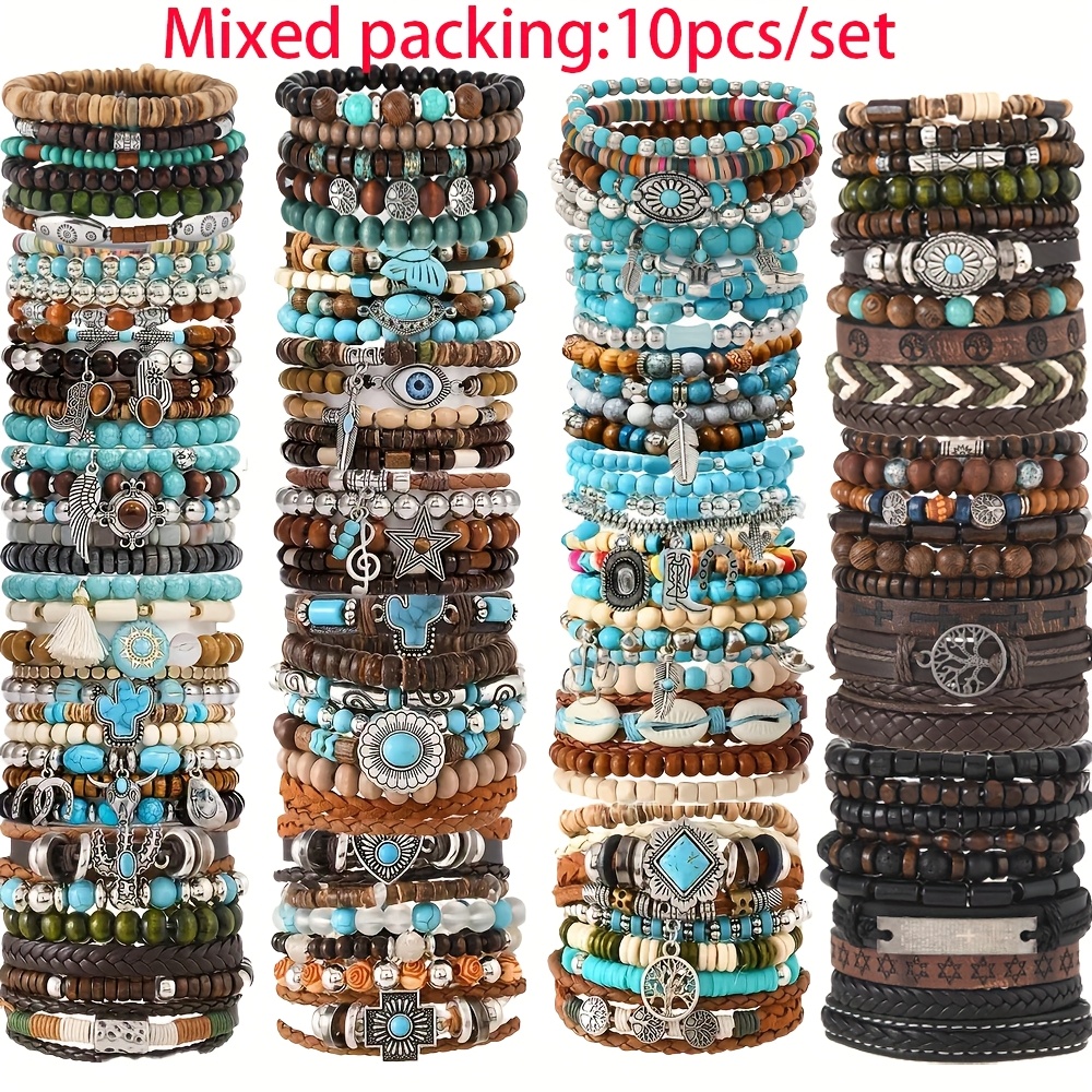 E-shop 10er-Set Armbänder im Boho-Stil für Teenager: Pu-gewebte Holzperlen, verschiedene Stile, ideal als Geschenk für oder Partys, für Teenager