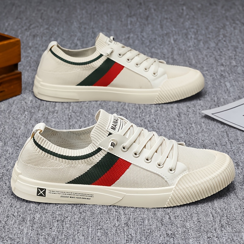 TEMU Mainalun Men's Breathable Knit Skate Shoes - Casual & Sporty Low-top Sneakers With Elastic Laces, Durable Pvc Sole For Wear, White With Green &