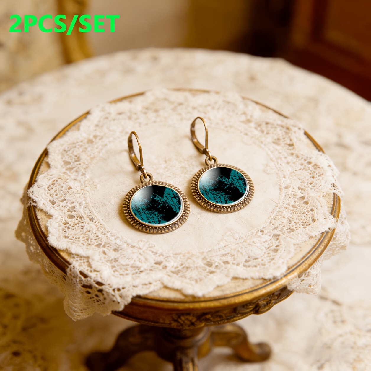 2pc Cyan Classic Pendant Earrings Set, Ink Wash Design