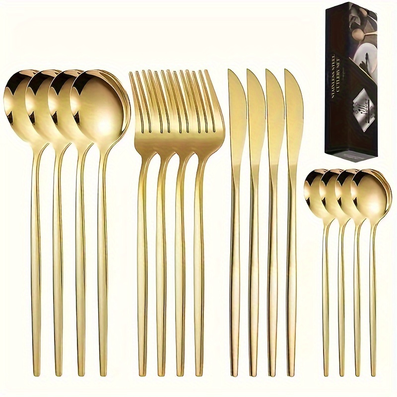 

16 , Steel Set, Gold Knives, Forks, , And Teaspoons, Reusable, Box, Utensils For Household And