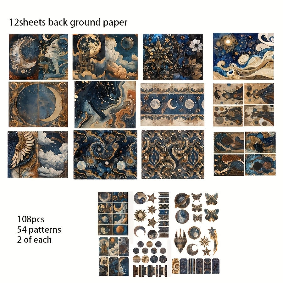 Image of 120pcs (12 Paper And 108 Stickers) Theme With Celestial Steam Punk Pattern, For Gift Tag, Paper Craft For Junk Journal, Scrapbooking, Gift Box, Greeting Card, Adventure Book, Retro Album