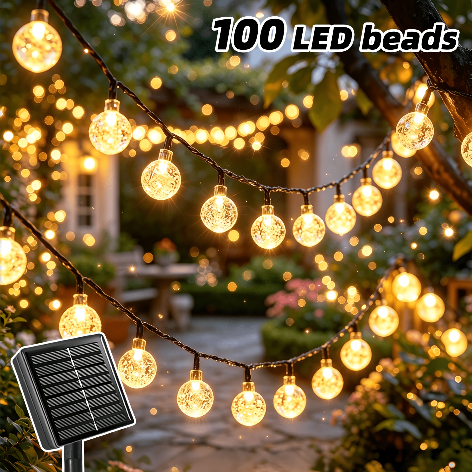 TEMU /100 Led Outdoor Solar String Lights, 8 Lighting , Ip65, Smart Light Sensor, Auto , Suitable For Gardens, Bushes, Trees, Flower Beds,