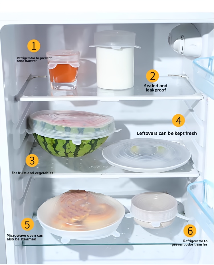Juego de 6 tapas elásticas de silicona, cubiertas reutilizables y resistentes para tazones de almacenamiento de alimentos, seguras para usar en lavavajillas y refrigeradores, aptas para varios contenedores en 6 tamaños