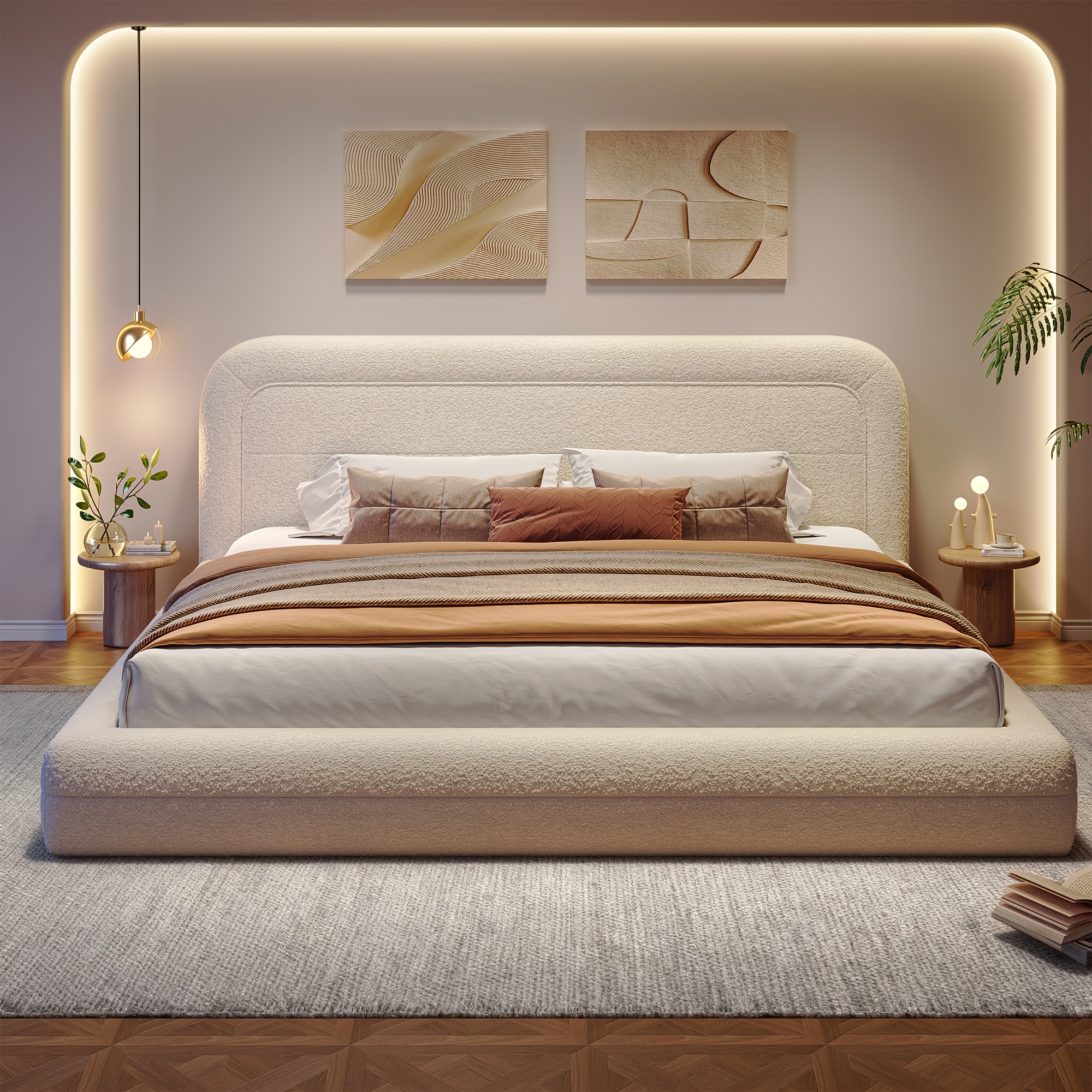 Bouclé Cloud Upholstered Platform Bed | RAYBEE Beige Fabric Bed