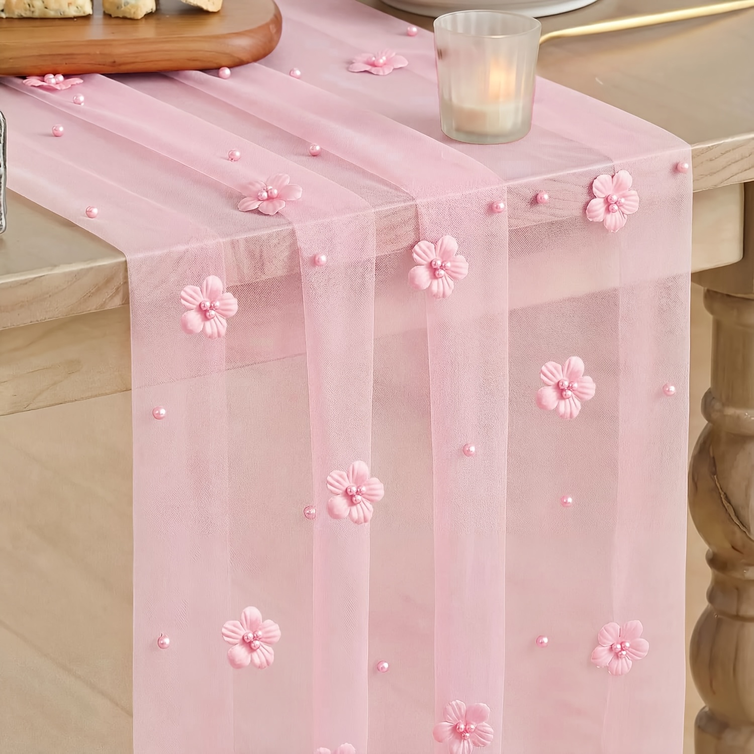 TEMU de mesa rosa de 1 m/2 m/3 flores de perlas y tul - Elegante, adecuado para , , decoración de comedor para fiestas, decoraciones de mesa de boda,