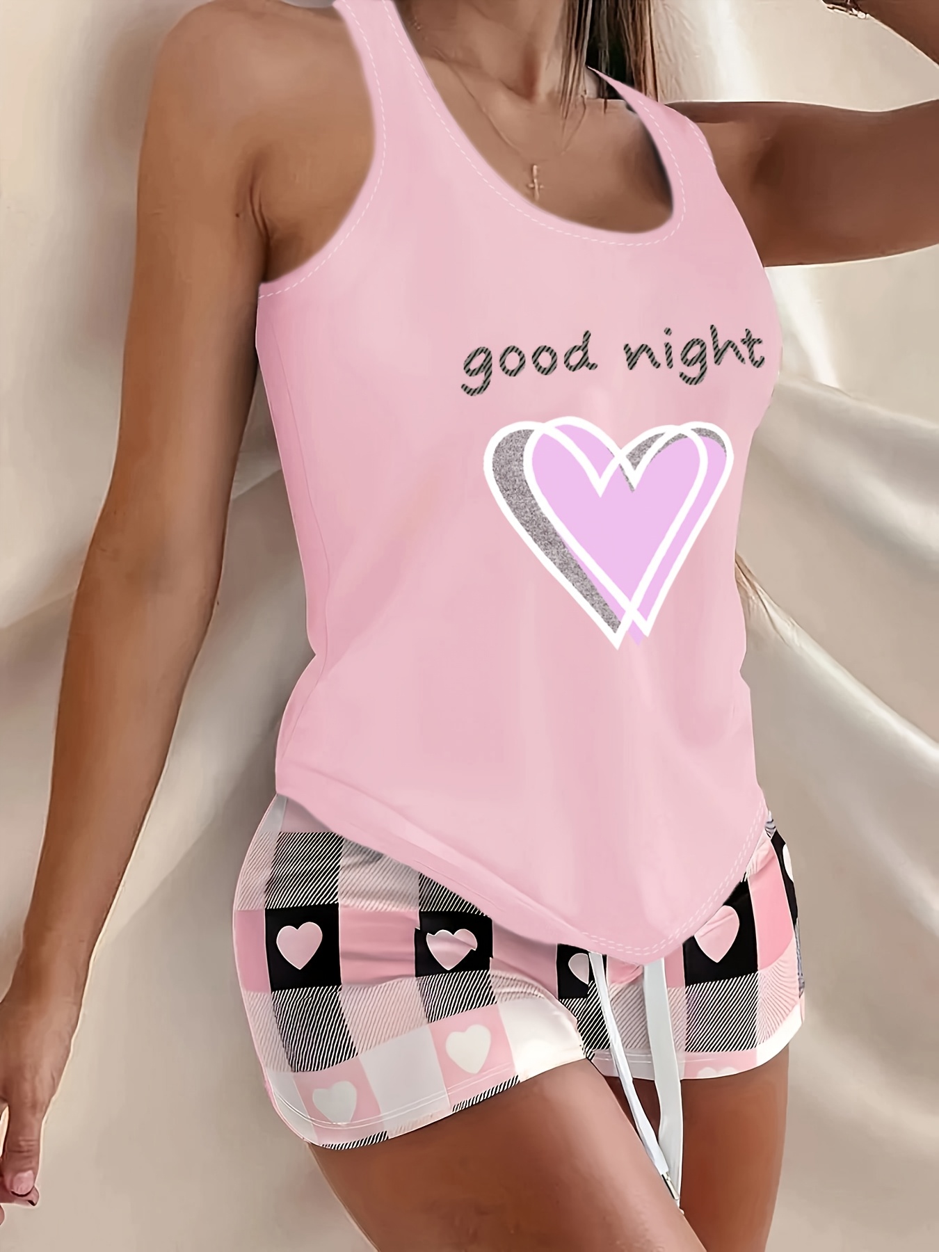 2pcs womens summer     wear pajamas set heart letter print vest elastic waist drawstring shorts suitable for home and daily casual  