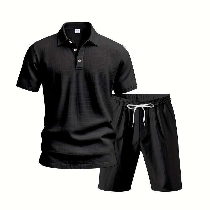 Men's Linen Short Sleeve Shorts Set, Summer Outdoor Sports Casual Breathable Short Sleeve Shirt with Shorts