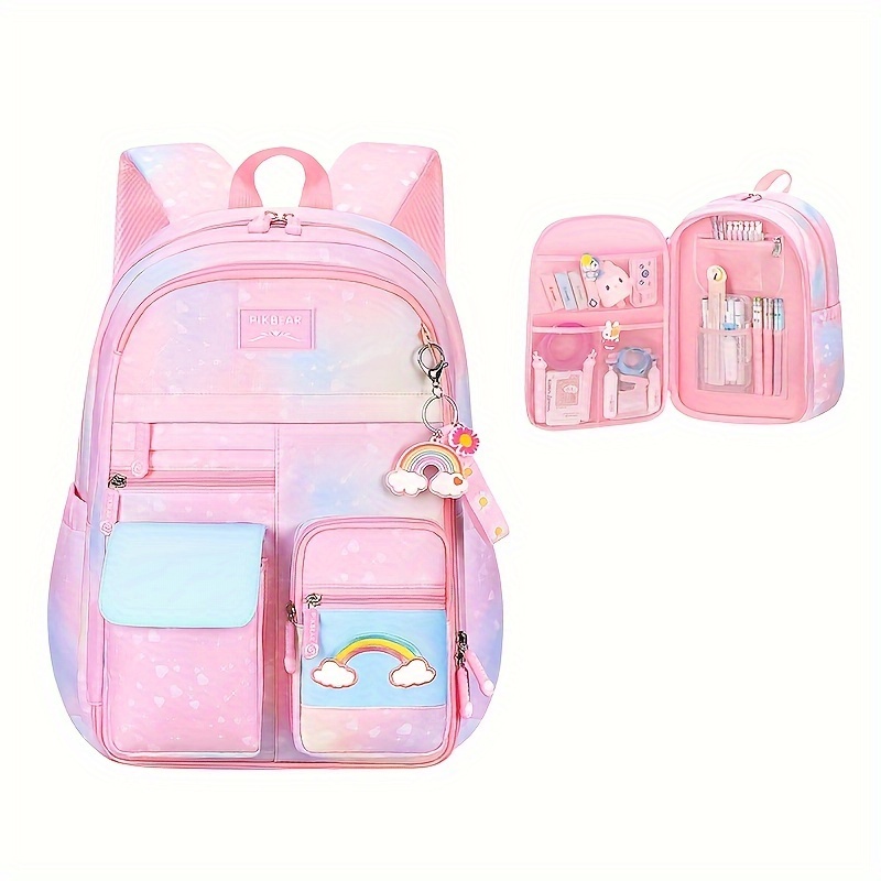 Pastel Rainbow Backpack with Fridge Tablet Compartment Cute Bag  with Patches, Heart Locks, Adjustable Straps, Lightweight Bookbag fo