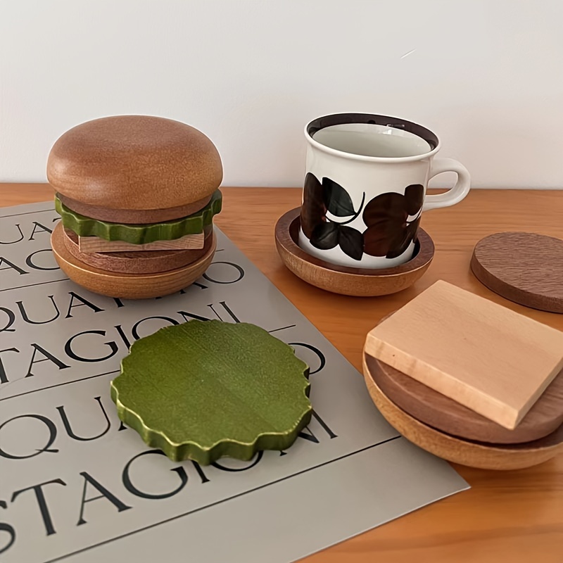 

6pcs Creative Burger Style Wooden Coasters Set, Multifunctional Solid Wood Insulation Table Mats, Bowl Mats, Storage Wooden Plates