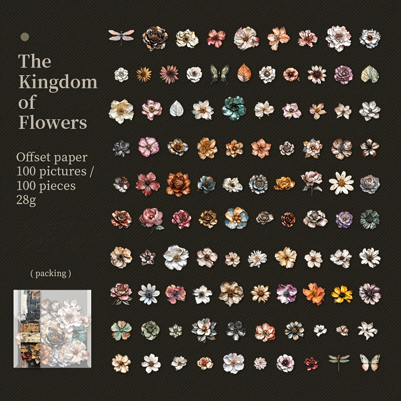 E-shop Ein Pack mit 100 Vintage-Blumen Hartkarten-Aufklebern für DIY-Journaling, Collagen, Alben -Dekoration