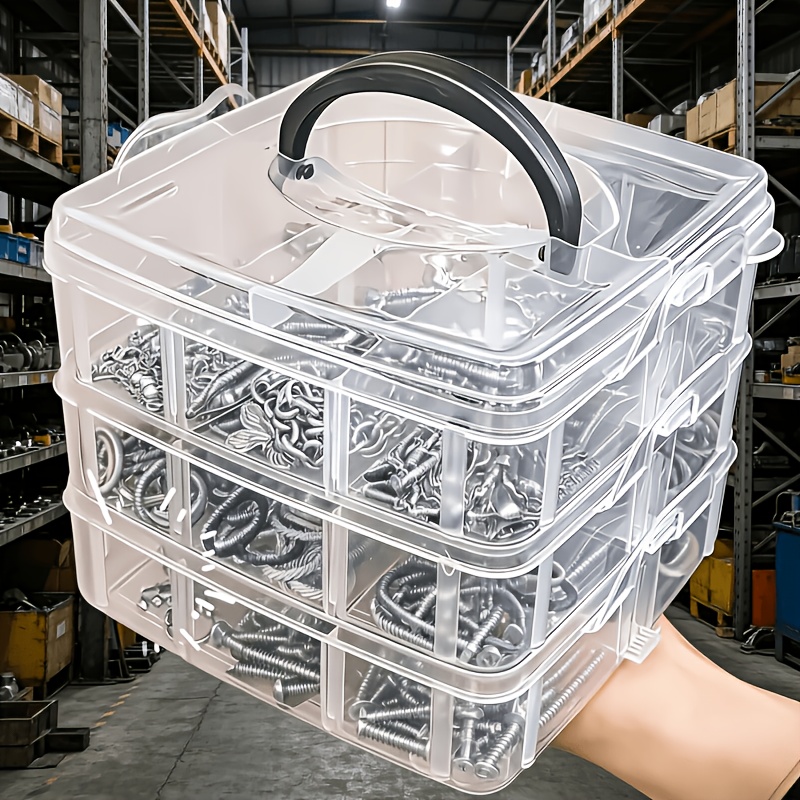 3-tier 18-grid Clear Storage Box With Lid And Handle, Transparent Tool Organizer, Suitable For Classifying And Storing Screws, Nuts, And Bolts