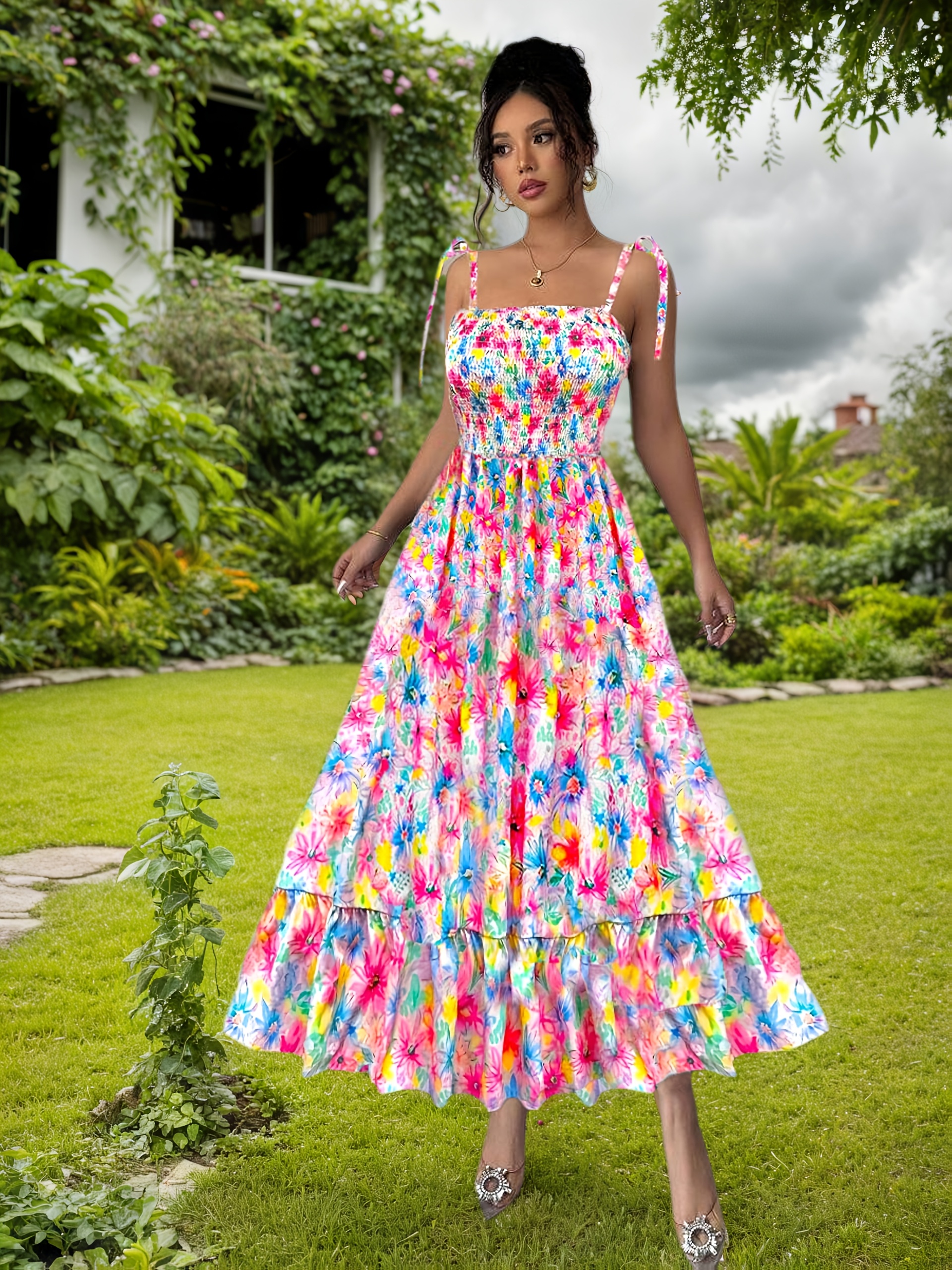 elegant strapless floral maxi dress women vibrant multicolor - Temu
