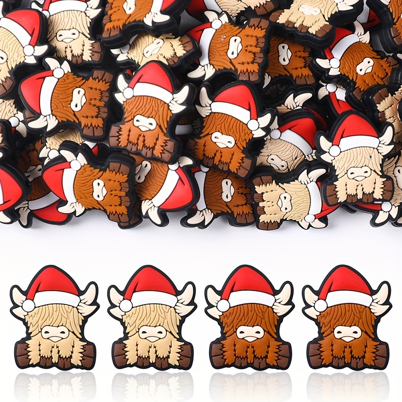 

12-pack Christmas Highland Cow Silicone Beads For Diy Jewelry - Animal-shaped Beads For Crafting Bracelets, Necklaces, Keychains, & Beaded Pens - Trendy Crafting Supplies For Festive Decorations