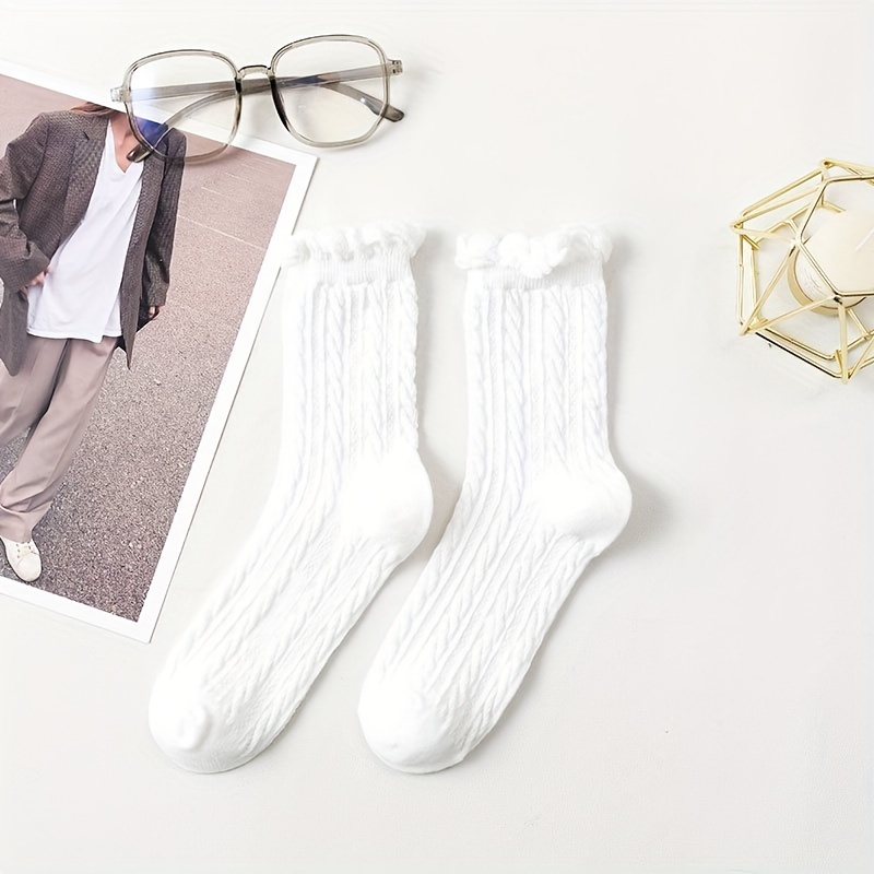 Image of White 1 Double Lace Women's Mid-tube Socks Three-dimensional Twist Solid Color Breathable Feet Socks Lovely Day Style All Match Trend Socks