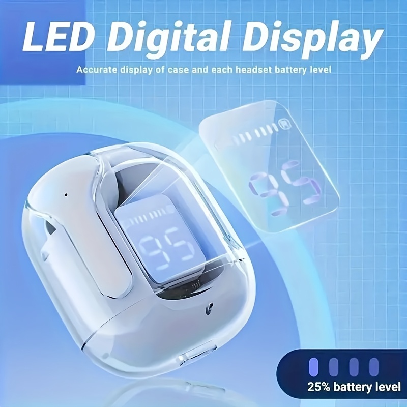 transparent wireless tws earbud headphones high fidelity touch control media noise cancelling voice call with type c charging case for exercise running gaming calls compatible with smartphones tablets laptops 150mah lithium polymer battery usb charging 2 5 5w power range closed back earphones with condenser mic no details 5