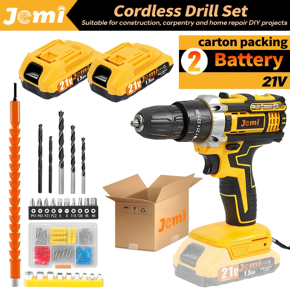 Jemi Tool Handheld Portable Drill Set With Led Light, 45 Additions Combination Optional, Equipped With Portable Plastic Box, 25+3 Torque 21v Power Impact Drill, Suitable For Homework