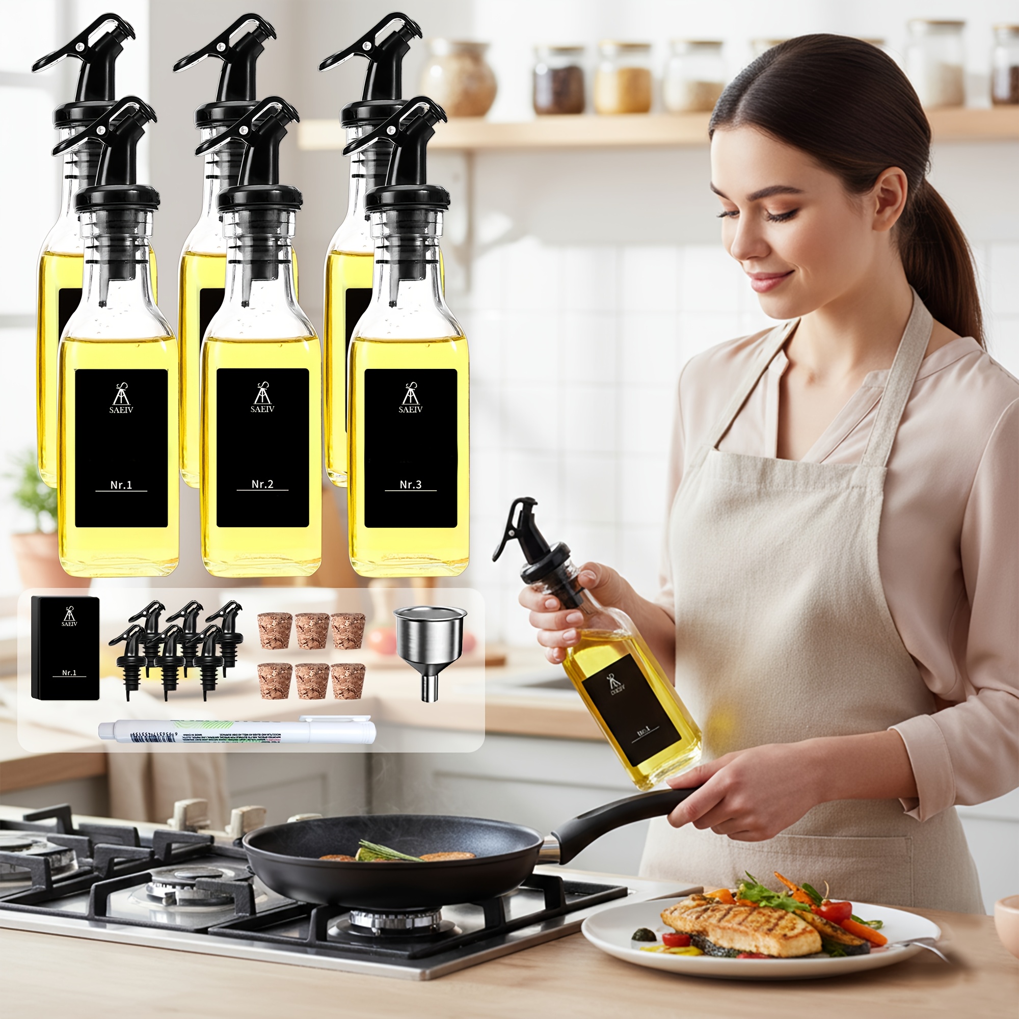 E-shop 6er-Pack 160 ml Essig-Ölflaschen, kleiner und praktischer Öldispenser, Olivenöl-Spender mit 30 reinen schwarzen Etiketten, Ölfass mit Ausguss,