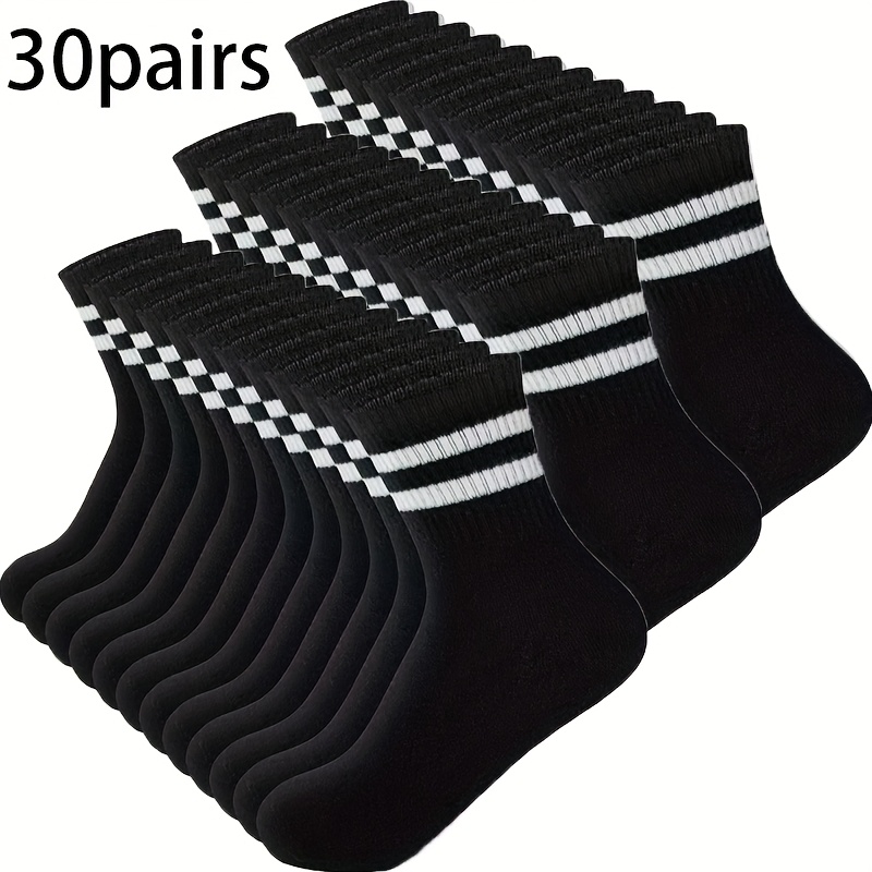 Image of 30 Pairs Black And White Striped Breathable Comfortable Casual Socks For Kids And Children, Back To School Essential, Outdoor Travel, Blend, Gift For Children