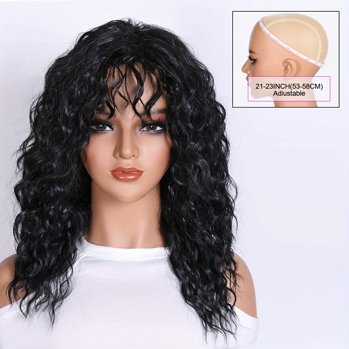 Image of 18 Inch Long Wavy Curly Wig With Bangs For Women Synthetic Shoulder Length Curly Wigs For Daily Cosplay Party Halloween Black Grey Brown 3 Color