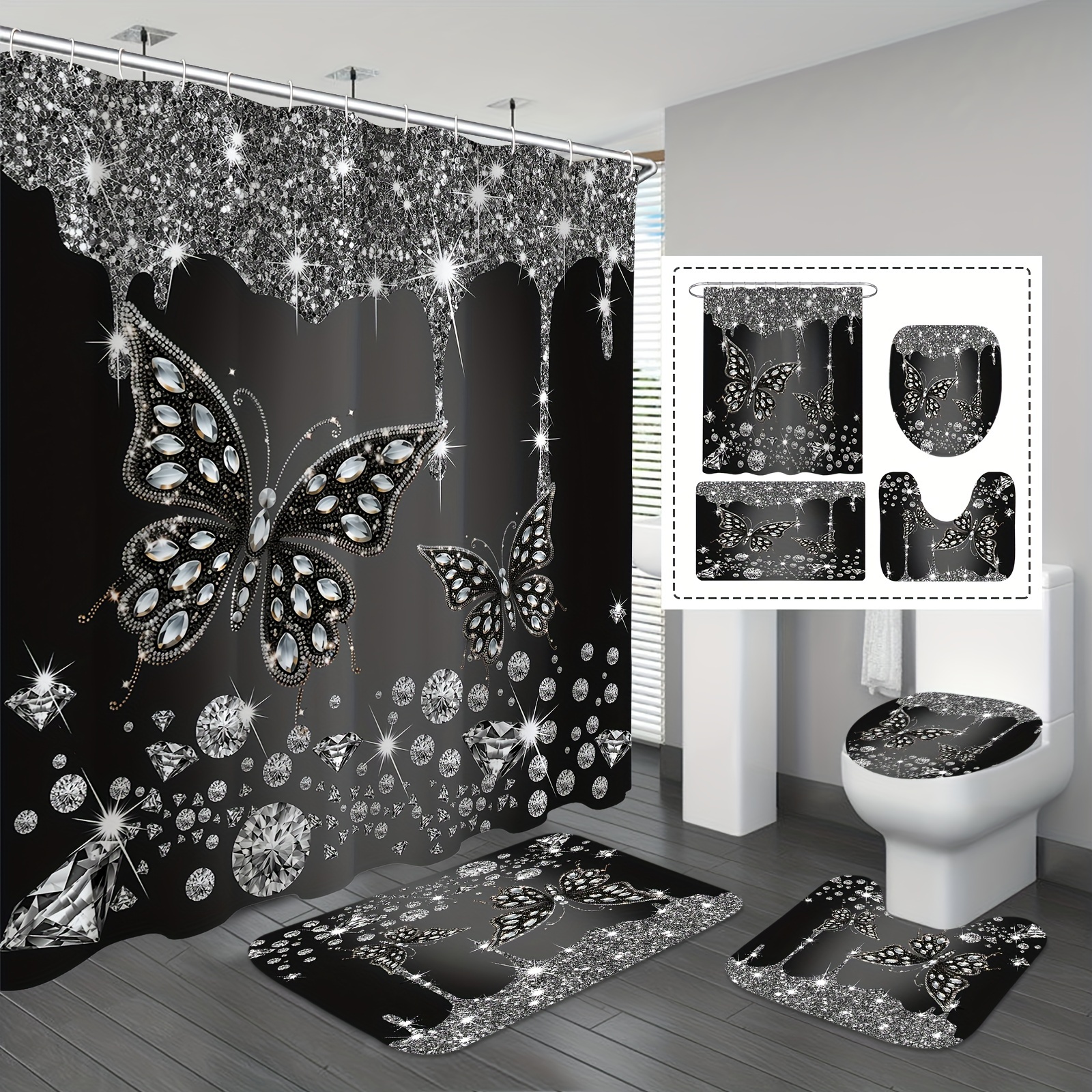 

1/4pcs Black Glitter Butterflies Shower Curtain Set, Elegant Shower Curtain With 12 Hooks, Non-slip Bathroom Rug, Toilet U-shape Mat, Toilet Lid Cover Pad, Bathroom Decor