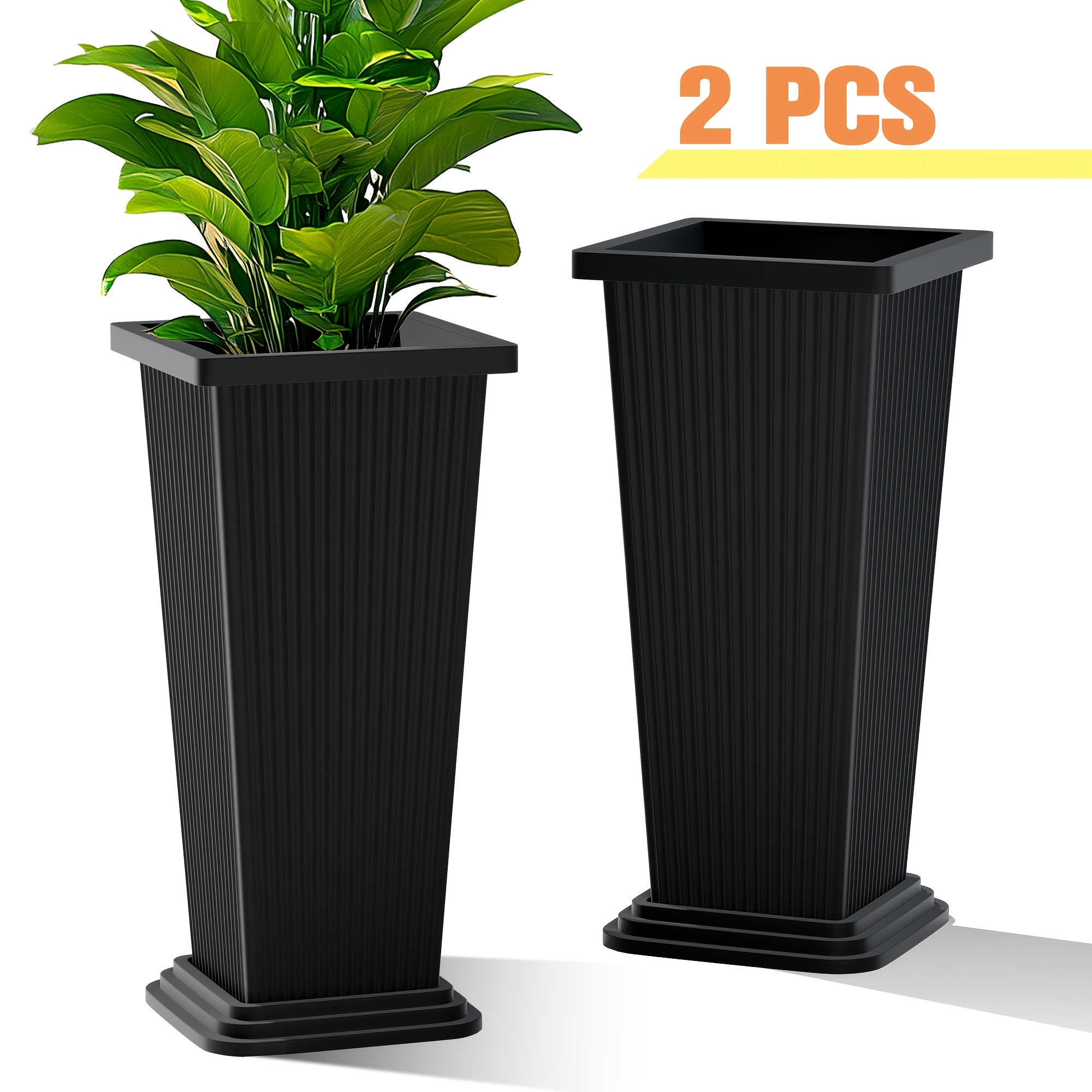 

2pcs Planters For Indoor And Outdoor Use, 24" Tall Large Tapered Flower Pots With Drainage Holes And Trays, Ideal For Home Garden Patio And Deck Decor, Black