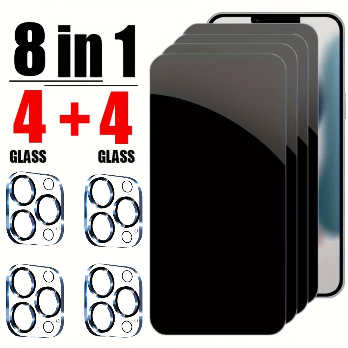 TEMU 8pcs/set Full Coverage 4pcs Privacy Screen Protector For Iphone 11 12 13 14 15 Pro For Iphone 11 12 13 15 16 Pro Max, With 4pcs Camera Lens Protector, 9h Tempered Glass Film
