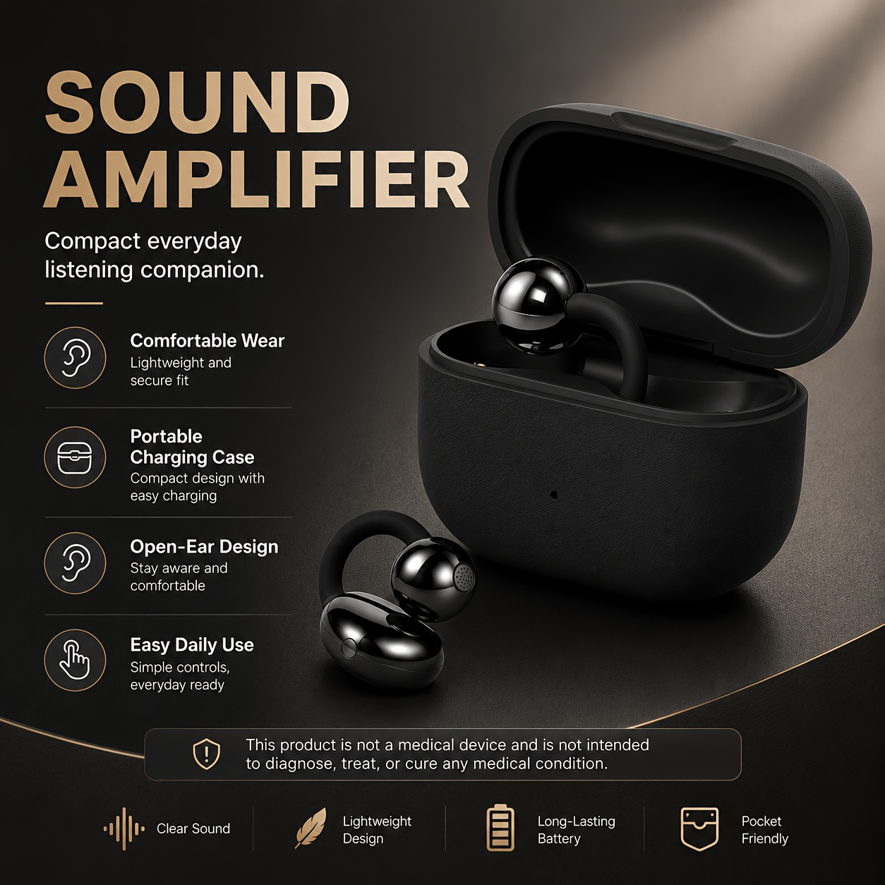 open ear rechargeable sound amplifier   with portable charging box light and comfortable ear hook design convenient control compact personal listening equipment suitable for daily indoor and outdoor use black and white Product details 1