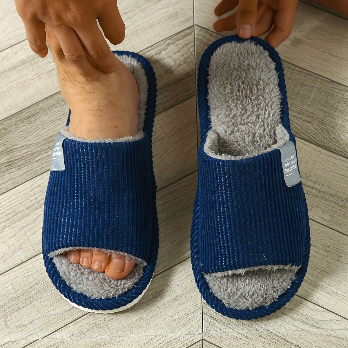 

Men's Solid Color Open Toe Breathable Fuzzy Slippers, Comfy Non Slip Casual Thermal Slides For Men's Indoor Activities