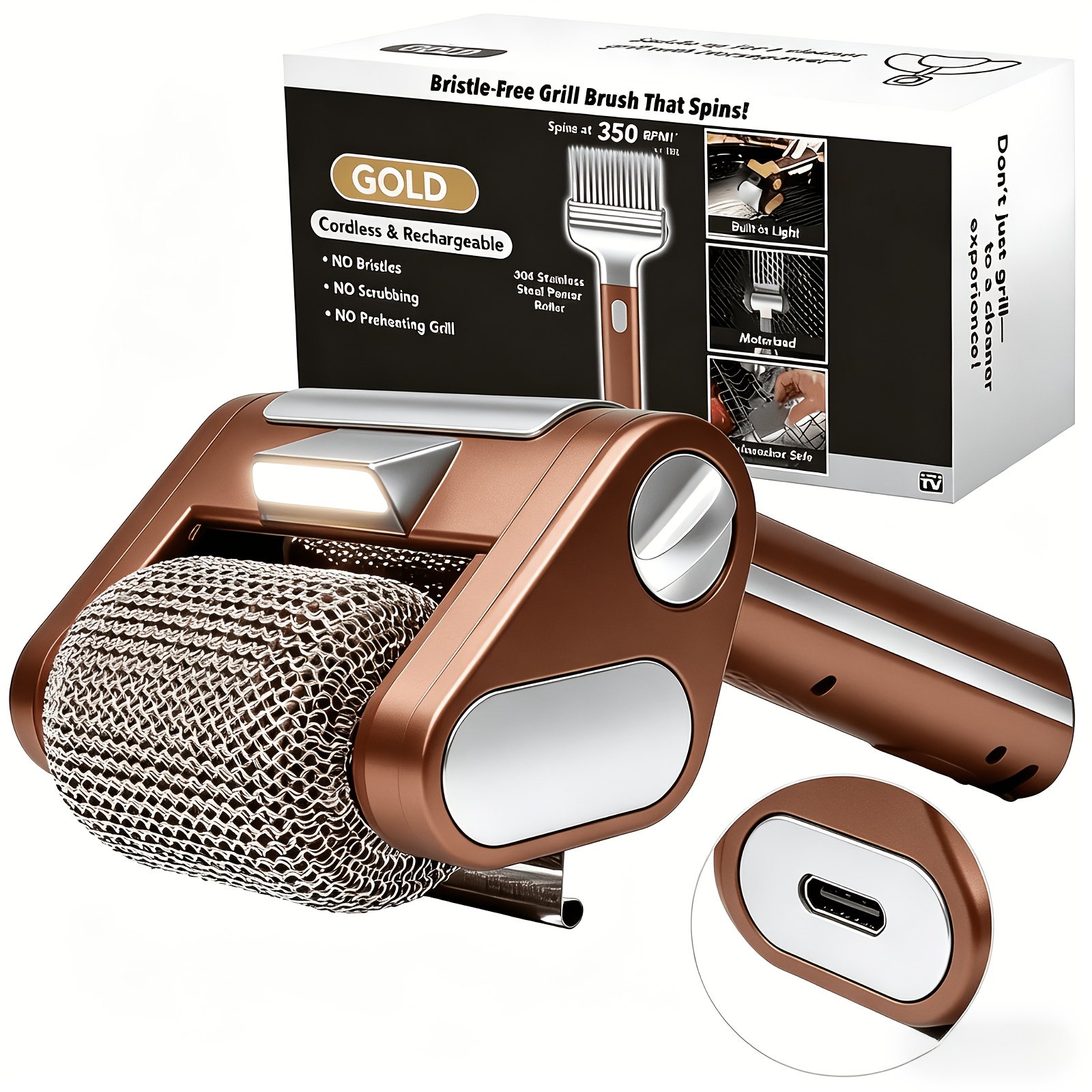 TEMU Wireless Rechargeable Bbq Brush (brushless) And Single Stainless Steel Brush Head Replacement-features A 350-rpm Stainless Steel Roller And Led