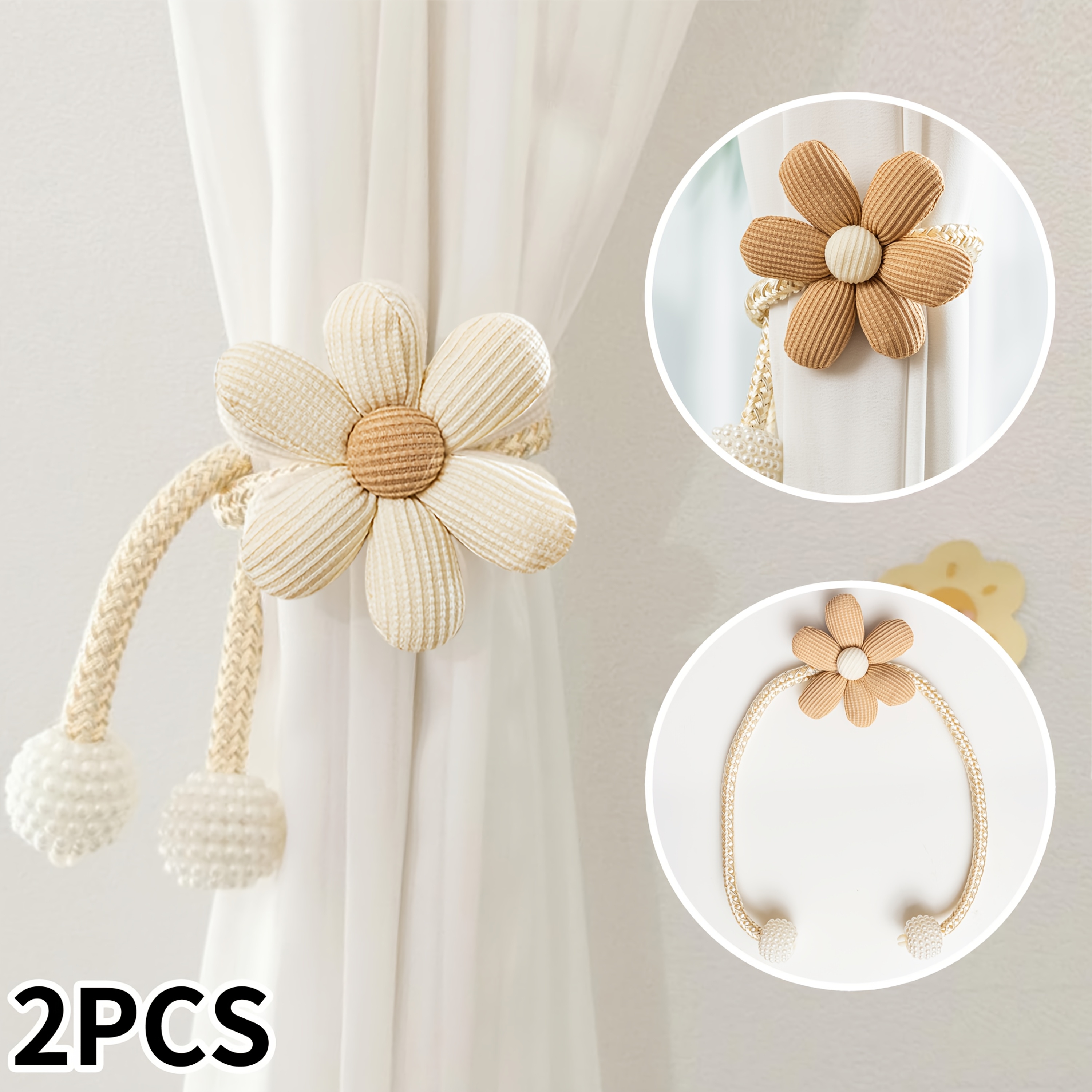 

2pcs /curry 3d Floral & Pearl Curtain Tiebacks - Adjustable, No-hole Design For Easy Hanging - Polyester Home Decor For Living Room, Bedroom, Office, Modern Minimalist Style, , Cute