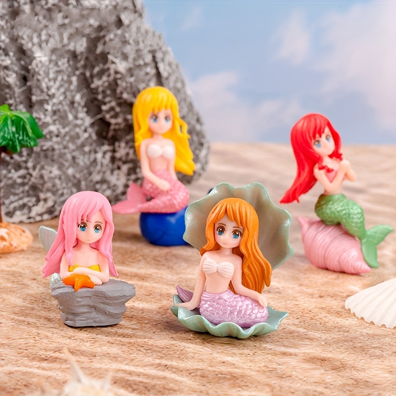 

4pcs Mermaid Figurines Set With Seashell Accents, Miniature Fairy Garden Ornaments, Cartoon Mermaid Dolls For Home Desktop Decor, Diy Aquarium Terrarium Accessories, Multicolor, Resin Crafted