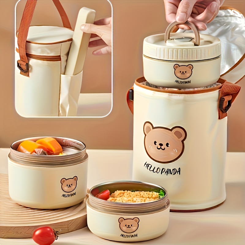 

4pcs Bear Pattern Steel Insulated Box Set, Microwave Safe Bowl, Portable Bag, Cutlery Box - For And Workers, , Bins & For Organization