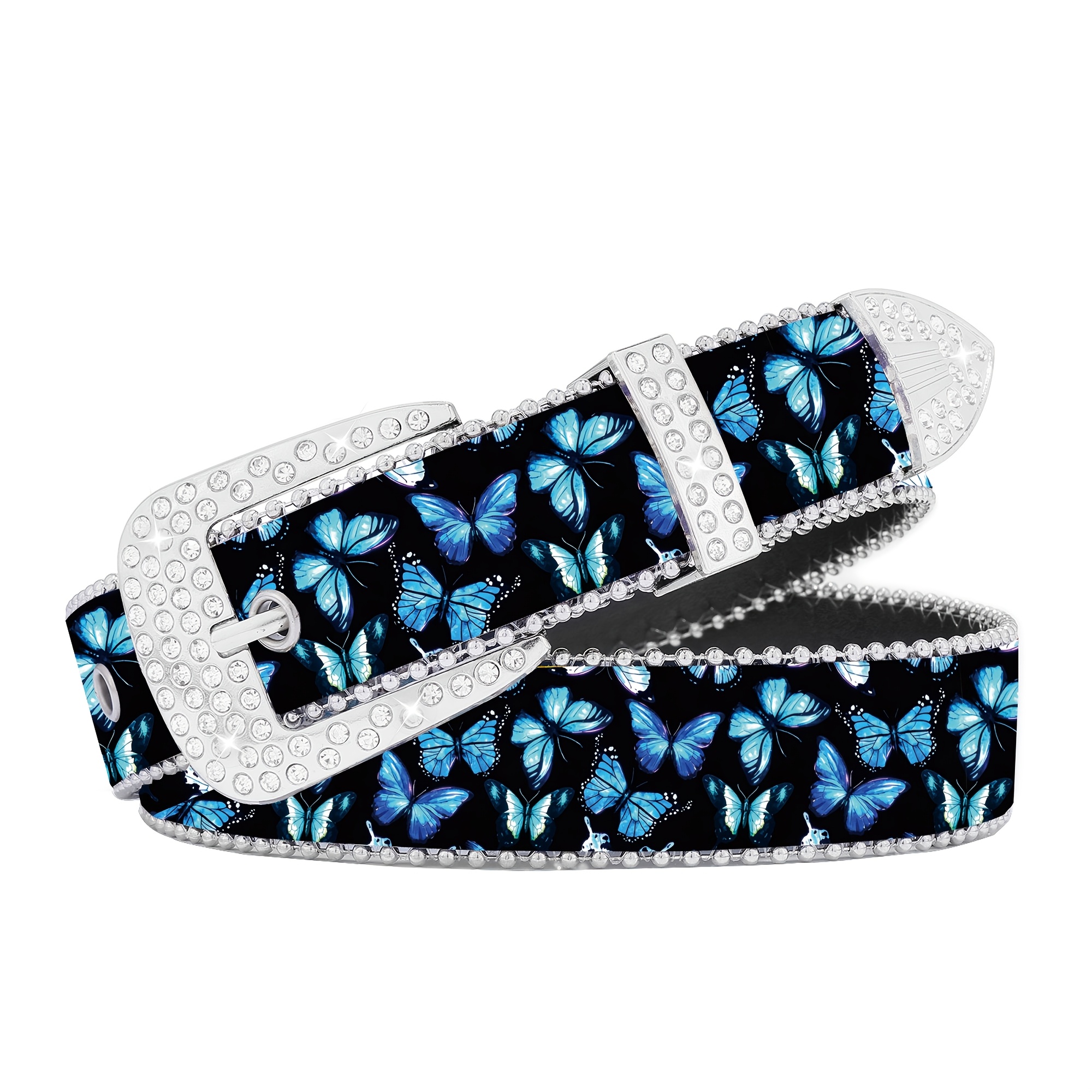 TEMU Women's Dark Y2k Watercolor Print Rhinestone Waist Belt Wear-resistant Thickened Pu Material Silvery Full Diamond Inlaid Edge Matte Alloy Needle