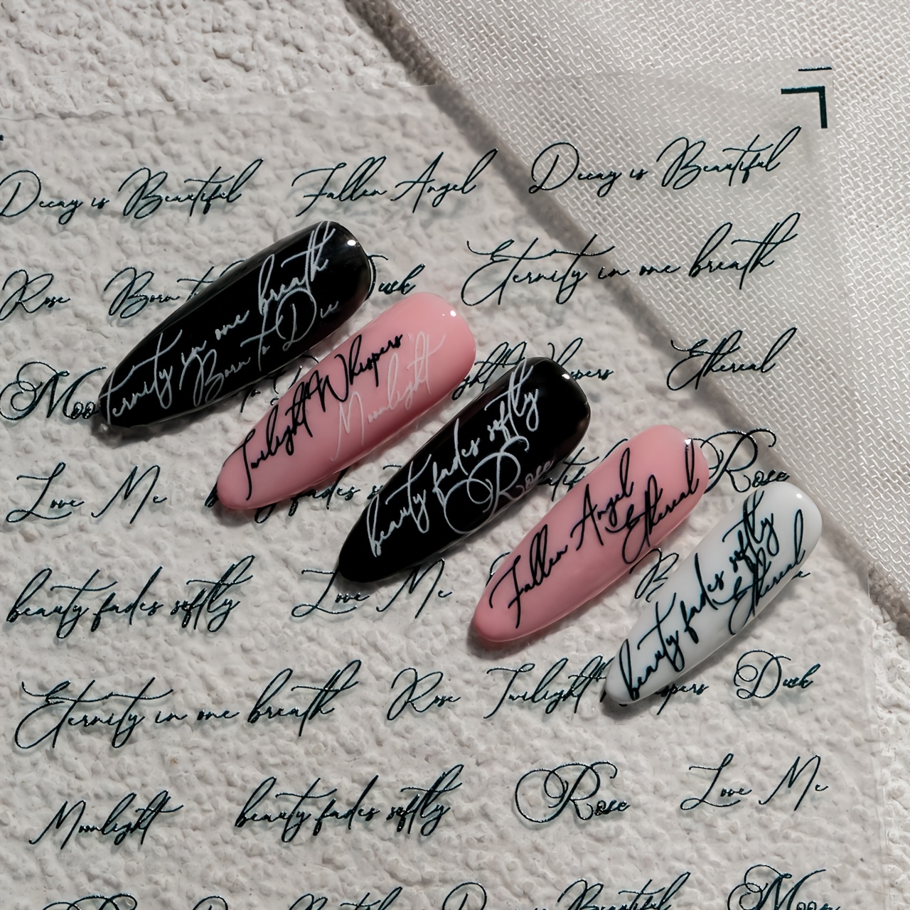 Elegant Retro-style Manicure Sticker In Black, White, And Gray Tones, Featuring Hand-written Letter Themes With Elements Like Cursive English Letters And Artistic Fonts, Suitable For Women's Use
