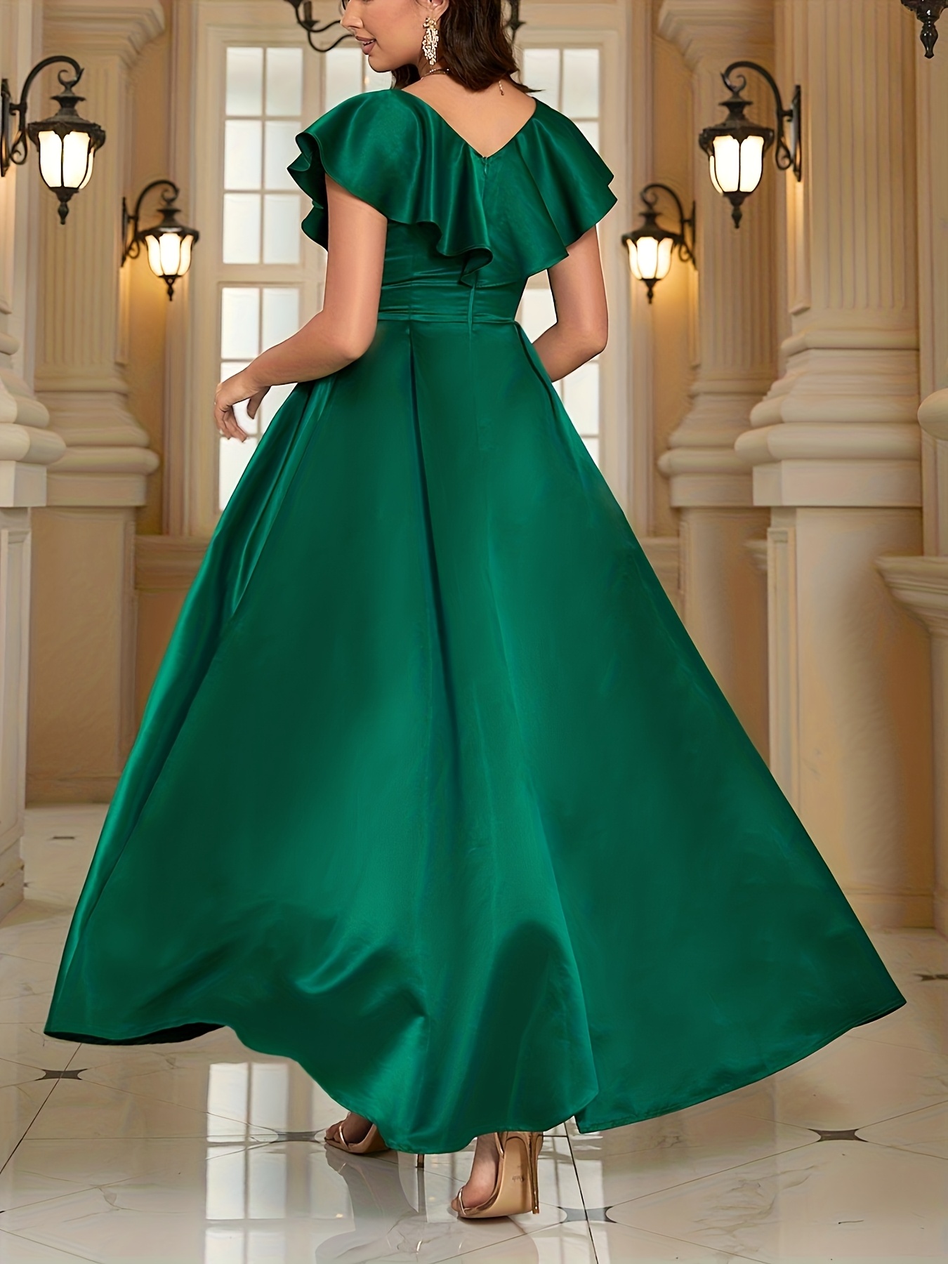 slim fit dress slacks Berylove Women Dark Green A Line Maxi Mother Dress Plus Size Bateau Neck Slit Sleeves Wedding Party Guest Dress, Dark Green / 3XL main image 0