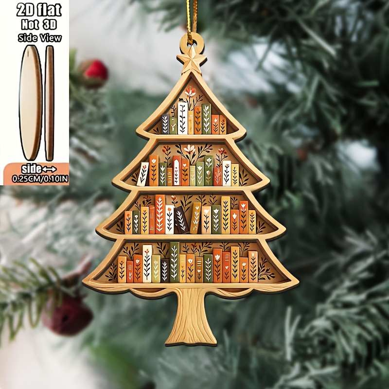 TEMU 2D Flat - Ornamento piatto 2D in legno a forma di albero di Natale a forma di libro, come regalo, per dei libri, decorazioni per , decorazioni a