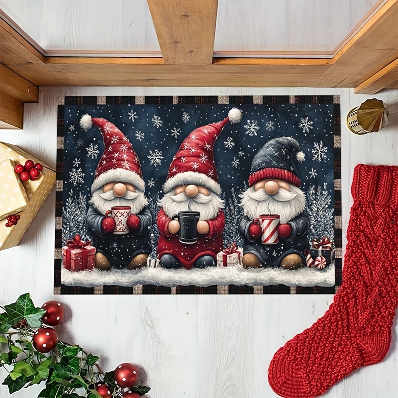 1pc festive christmas gnome doormat non slip washable polyester with rubber backing machine made rectangular welcome mat for home decor lightweight xmas floor mat with dual edging ideal christmas gift details 6